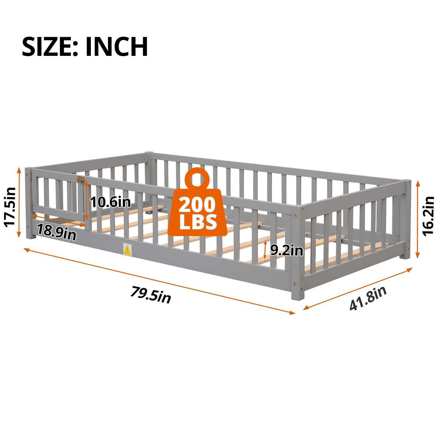 LLS Twin Floor Bed for Children, Durable Montessori Floor Bed with Wood Slats, Safety Fence & Small Door for Girls Boys, Gray (with Bed Slats)