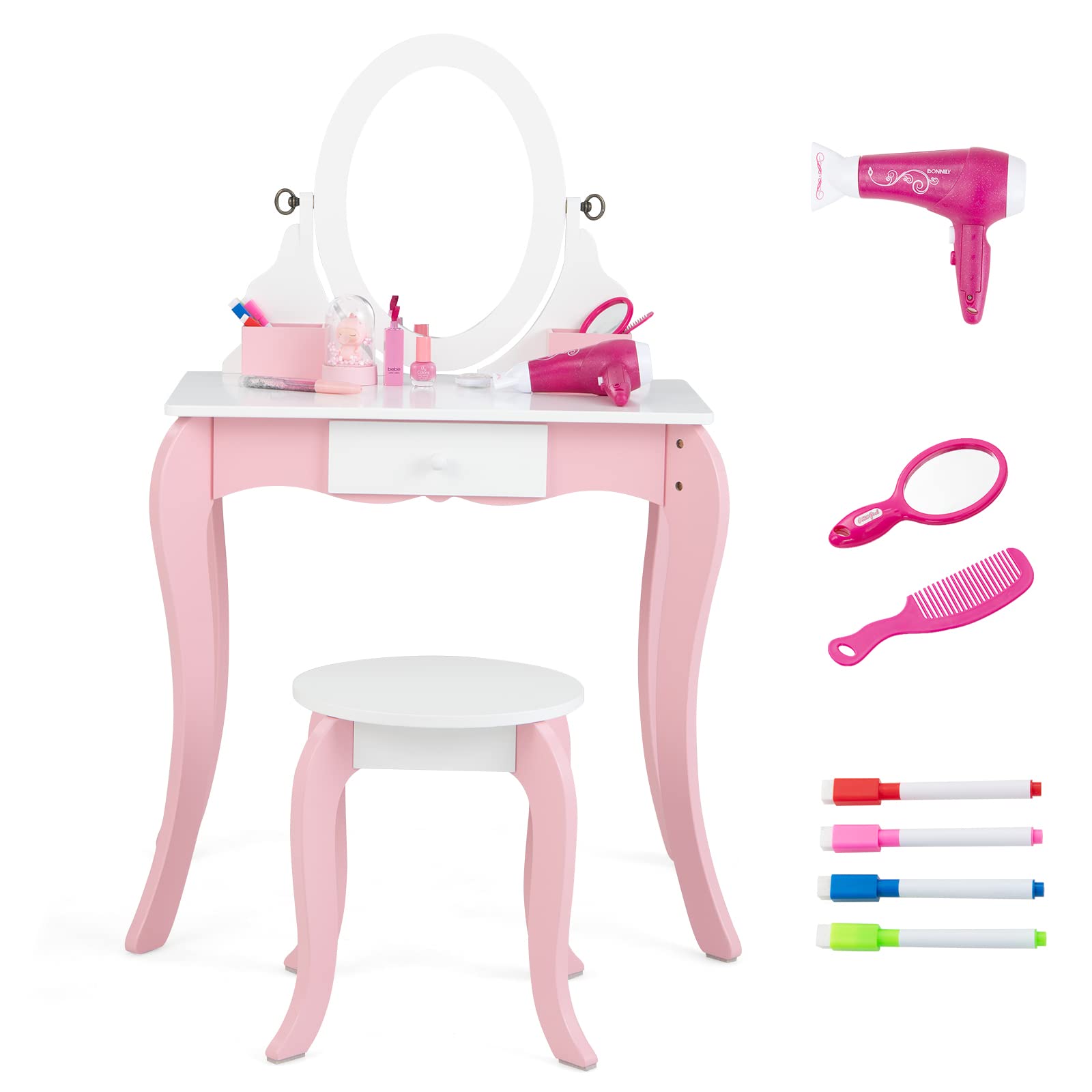 INFANS Kids Vanity with 360° Rotating Mirror and Drawing Board, 2 in 1 Princess Makeup Dressing Table and Stool with Accessories, Drawers, Wooden Play Vanity Set for Little Girls