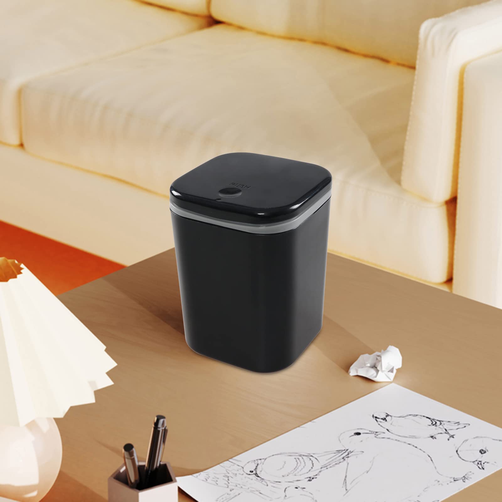 Hommp 0.5 Gallon Tiny Countertop Trash Can, Mini Desktop Garbage Can with Push-Button, Black