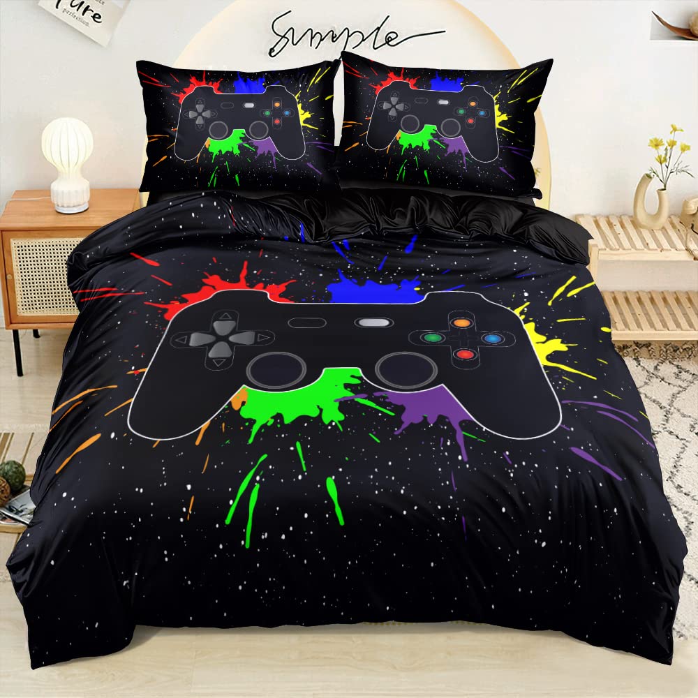 Elnonthy Gaming Duvet Cover Set Twin Size, Gamer Bedding Sets for Boys,Boys Video Games Comforter Cover,Bed Set for Teen Boys Bedroom,Gamepad Controller,3 Piece with 2 Pillow Shams