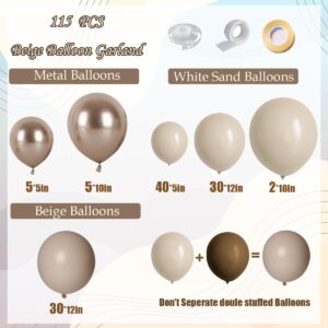 Boho Balloon Garland, 115PCS Beige Balloons Neutral Balloon Arch Kit with Champagne Balloon White Sand Double Stuffed Balloons for Birthday Party Wedding Bridal Shower Decorations (Beige)