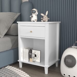 FAMIKITO Nightstand with 1 Drawer, 26.68 Inch Bedside Furniture with Open Storage Shelf for Kids, Girls, and Boys, Nightstand for Bedroom, White