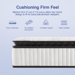 Suiforlun Twin XL Mattress, 12 Inch Pillow Top Cool Gel Memory Foam Hybrid Mattress in a Box, 7 Zone Encased Coils Innerspring for Back Pain Relief, Medium Firm