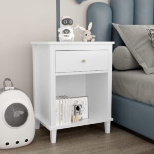 FAMIKITO Nightstand with 1 Drawer, 26.68 Inch Bedside Furniture with Open Storage Shelf for Kids, Girls, and Boys, Nightstand for Bedroom, White