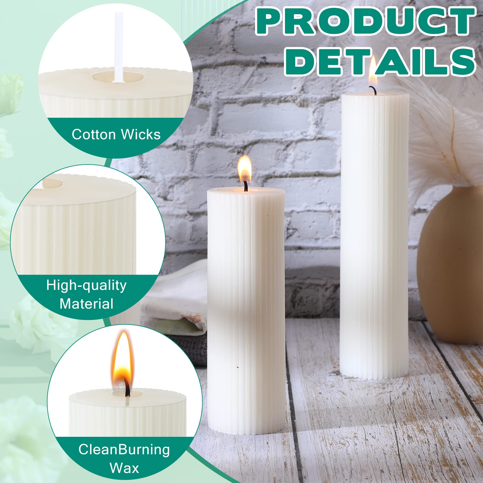 Set of 12 Ribbed Pillar Candles Soy Wax Home Decor Modern White Candles with Cotton Wick for Wedding, Home, Restaurants, Spa, Church Decoration, 2 x 3 Inch, 2 x 6 Inch, 2 x 8 Inch