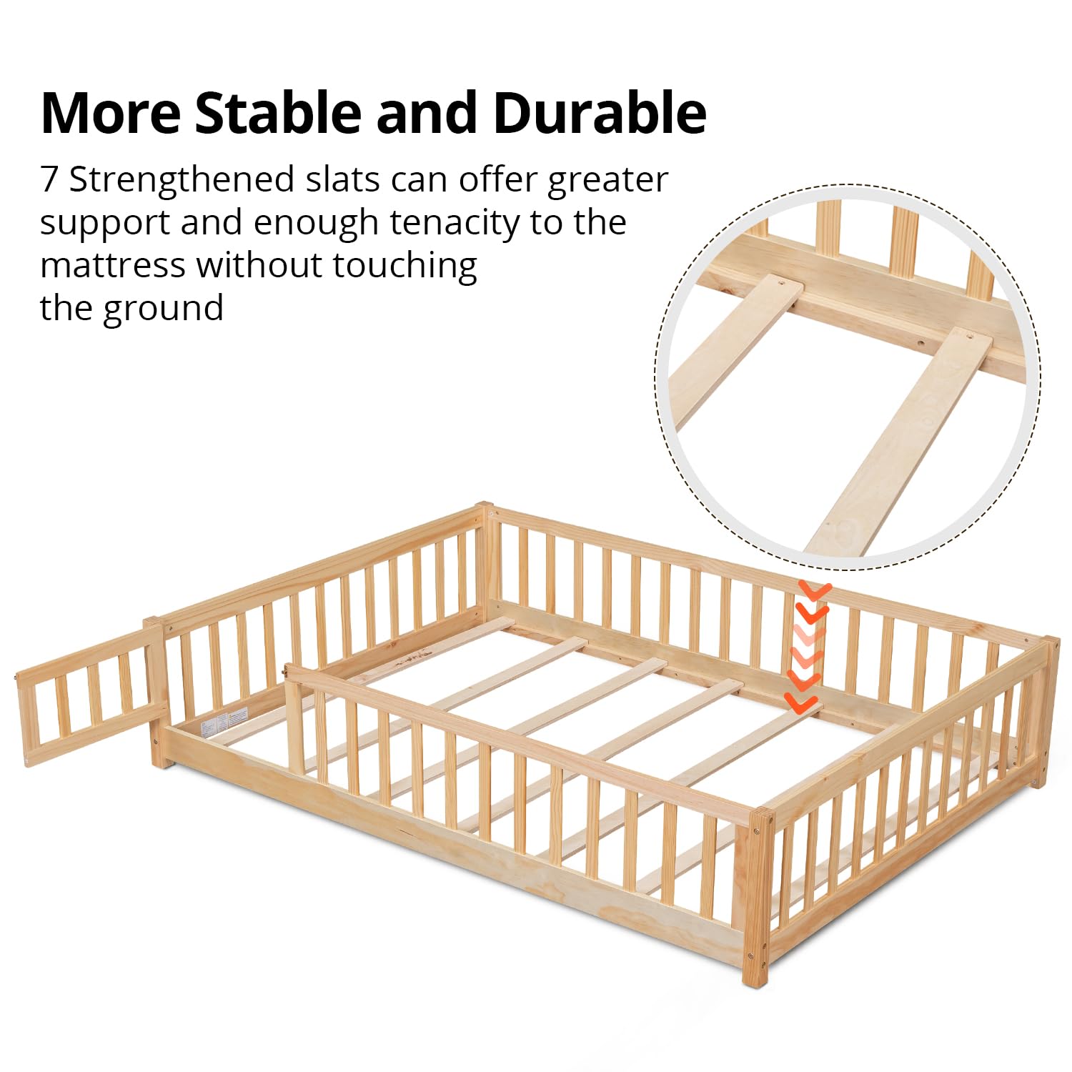 LLS Queen Floor Bed for Children, Durable Montessori Floor Bed with Wood Slats, Safety Fence & Small Door, Wood Floor Bed Frame for Girls Boys Children, Natural (with Bed Slats)