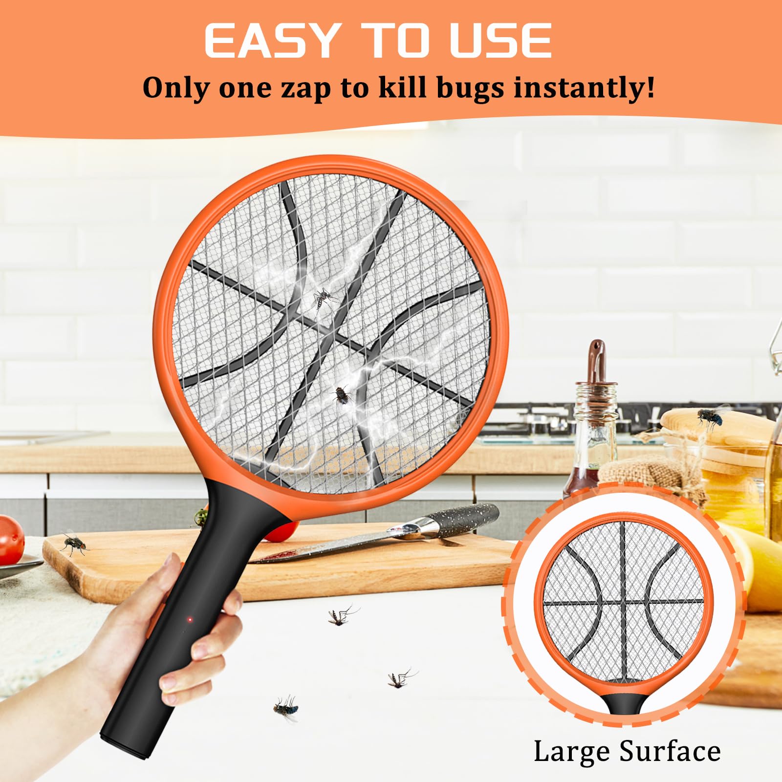 LUOJIBIE Electric Fly Swatter, Bug Zapper Racket Rechargeable Mosquito Zapper Handheld Fly Zapper with Hanging Ring for Home Indoor Outdoor, Large Size-2 Pack