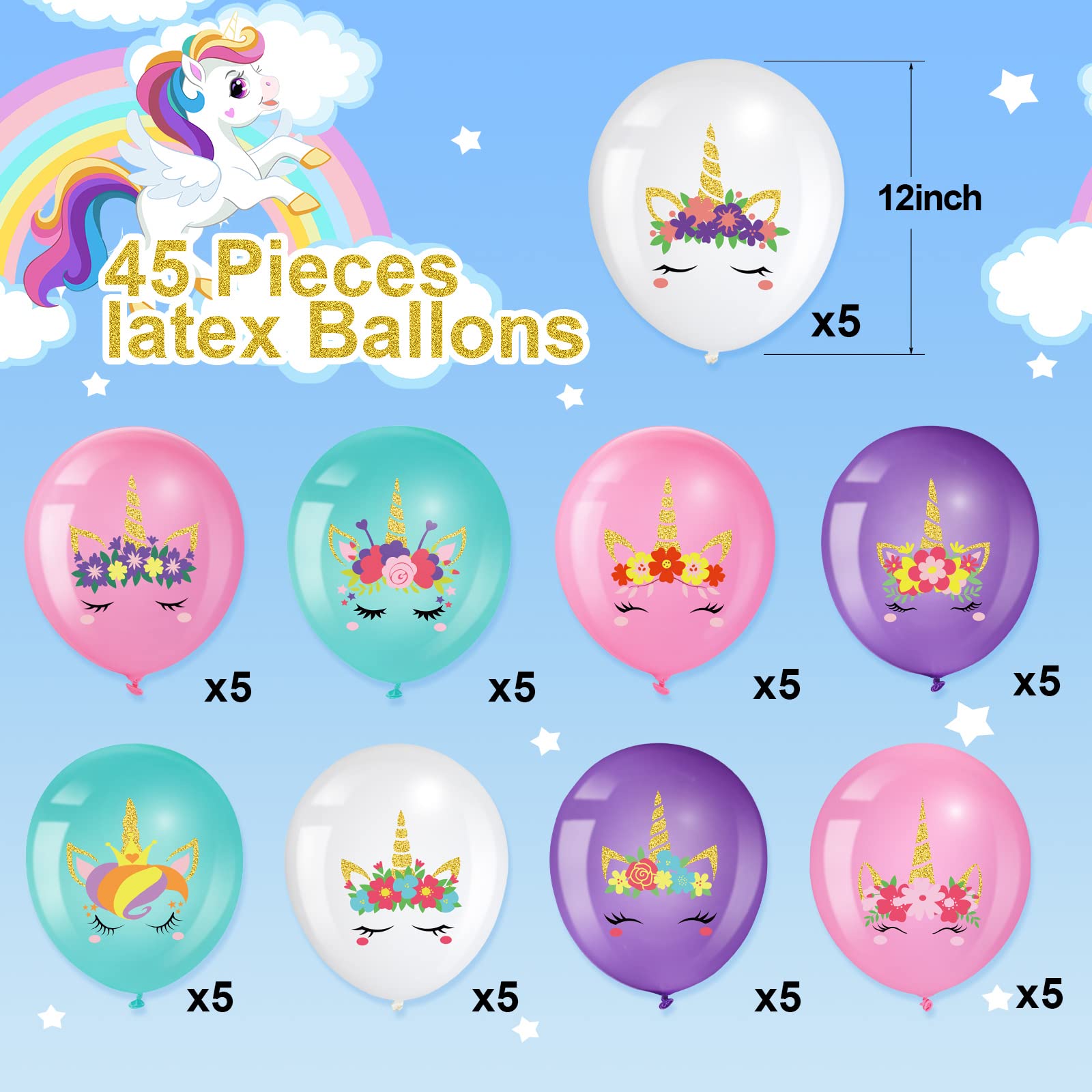 45 Pieces Unicorn Balloons Unicorn Latex Balloons Rainbow Party Balloons Arch Kit Column Garlands Balloons for Girls Birthday Unicorn Themed Baby Shower Ideal Party Decorations Supplies