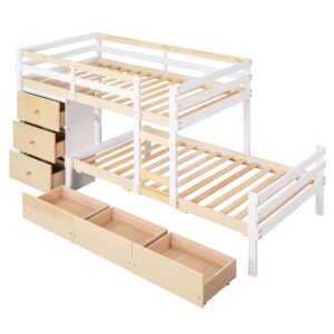 Bellemave Low Loft Bed with Storage Drawers and Dresser, Wood Twin Over Twin Bunk Bed Frame for 2 Kids, Modern Junior Loft Beds with Storage and Platform Bed for Boys Girls Teen,White With Natural