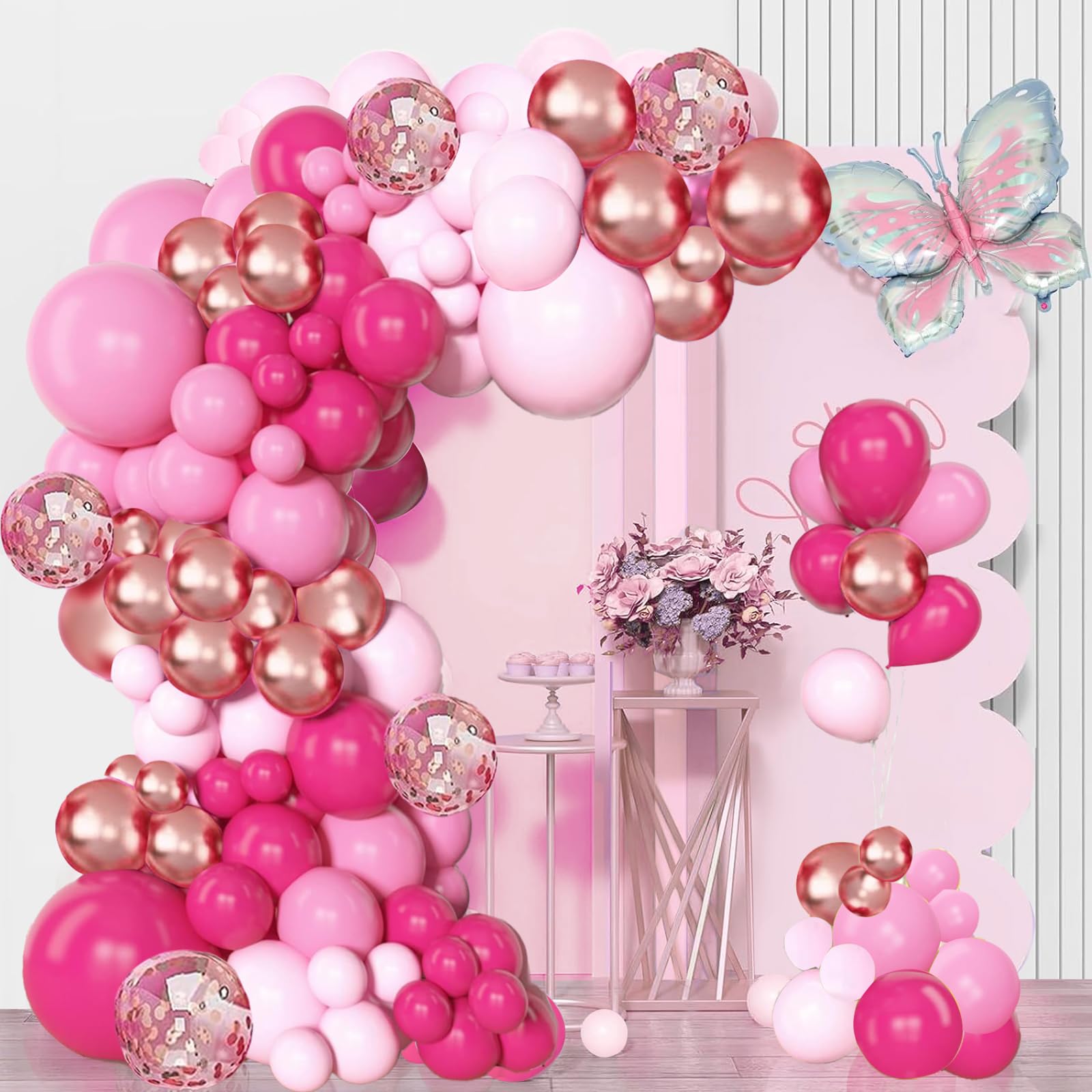 Pink Balloons Garland Arch Kit,154pcs Hot Red Pink Light Pink Rose Gold Confetti Balloons for Girl Women Baby Shower Bridal Shower Mother's Day Wedding Birthday Valentine's Day Party Decorations