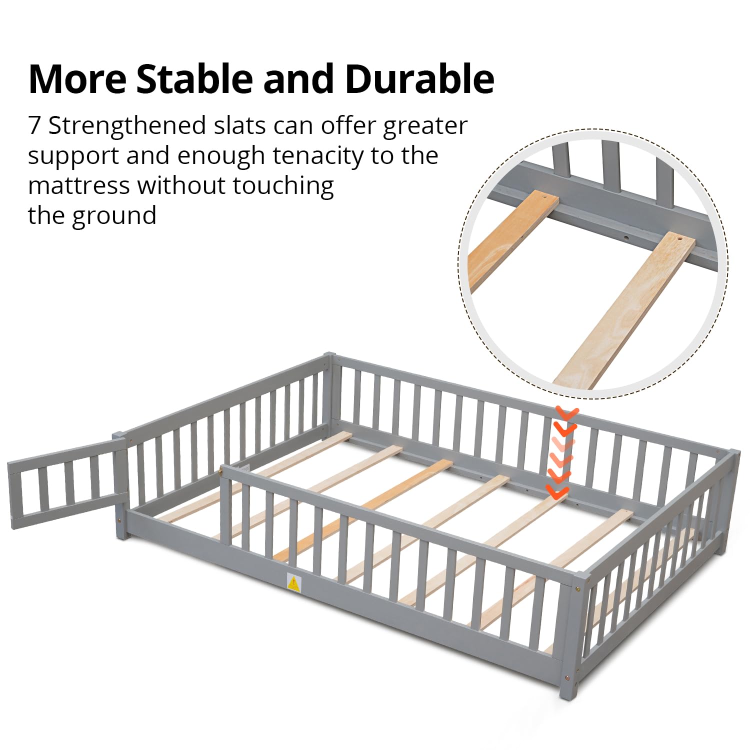 LLS Twin Floor Bed for Children, Durable Montessori Floor Bed with Wood Slats, Safety Fence & Small Door for Girls Boys, Gray (with Bed Slats)