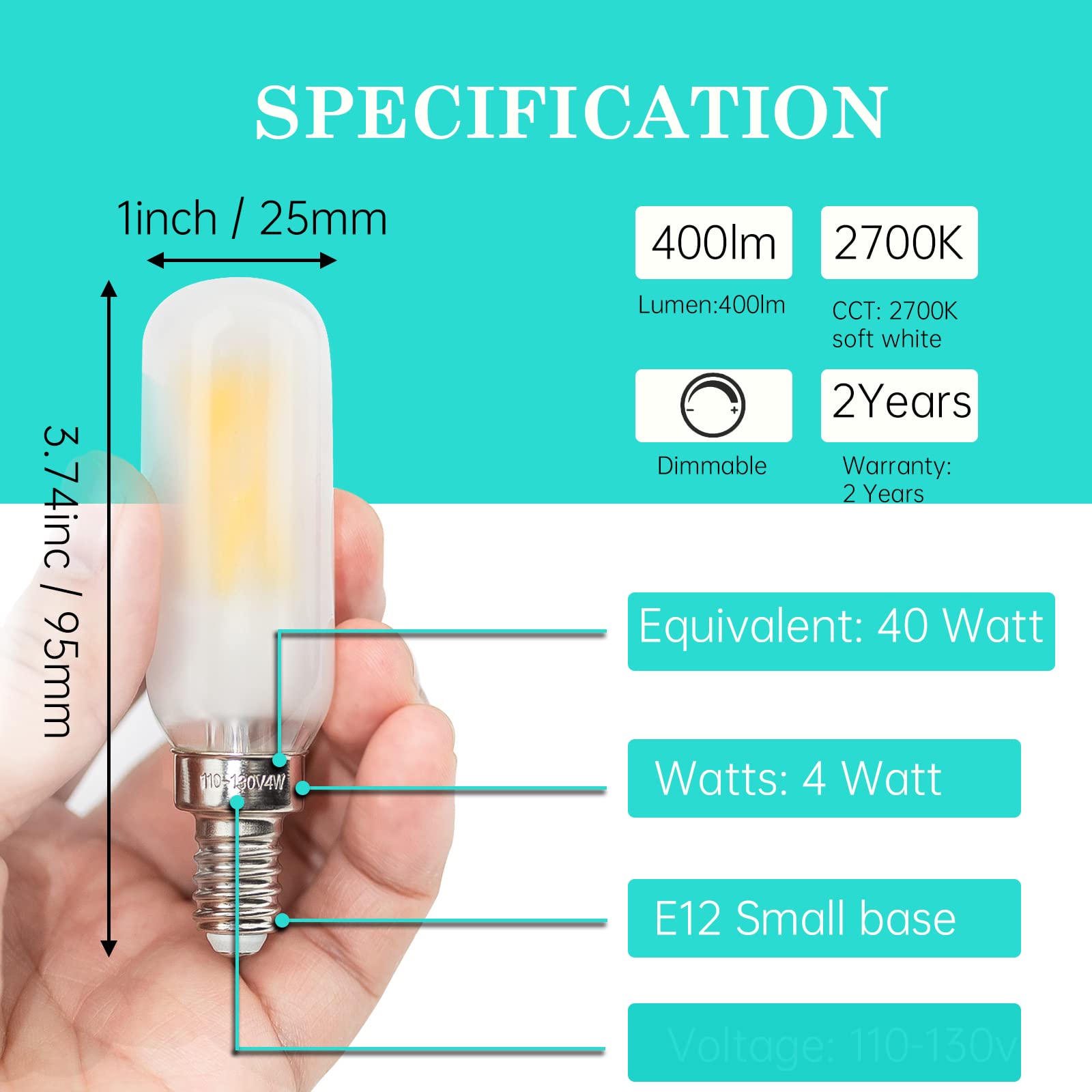 Frosted Light Bulbs E12 LED Bulb 40W Warm White 2700K, Chandelier Light Bulb Frosted, E12 Candelabra Light Bulb 40 Watt Equivalent T6 Tubular Candle Light Bulb, Frosted Glass Light Bulbs, 6 Pack