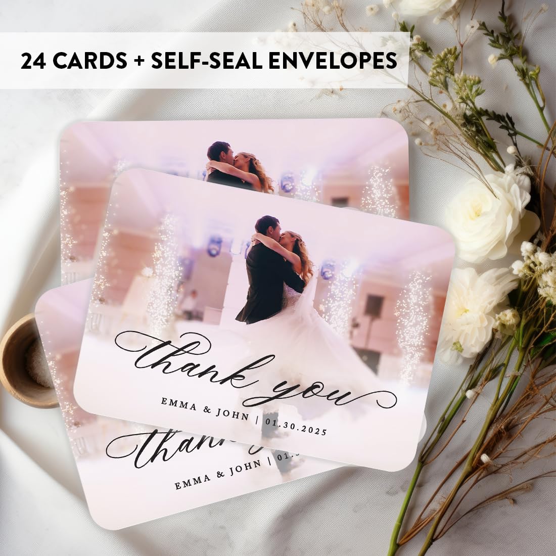 Andaz Press 5x7 Inch Photo Personalized Wedding Thank You Cards With Envelopes, Classic Wedding Thank You Card With Message, Customized Thank You Cards,Wedding Thank You Notes Bulk 24 Pack Made in USA