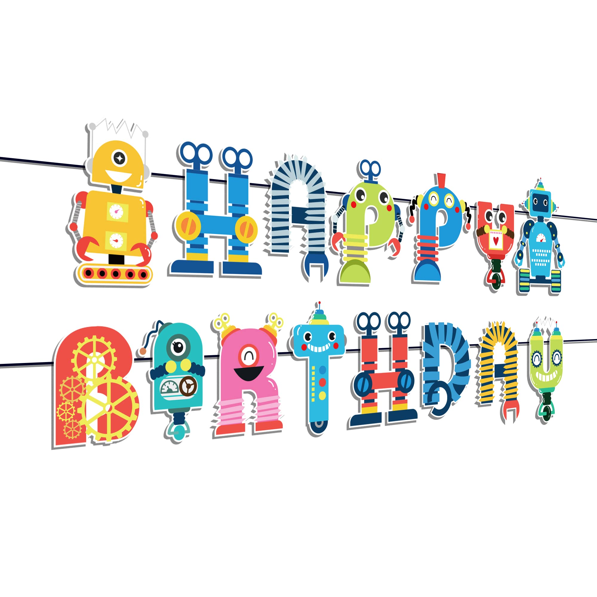 Robot Birthday Party Banner Robots Happy Birthday Banner Cartoon Birthday Sign Baby Shower Photo Props Kids Robot Birthday Party Supplies and Decorations