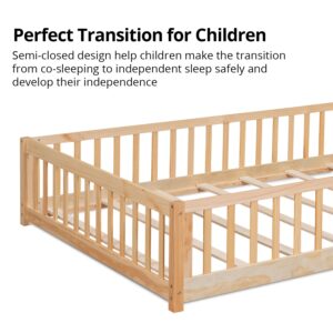 LLS Queen Floor Bed for Children, Durable Montessori Floor Bed with Wood Slats, Safety Fence & Small Door, Wood Floor Bed Frame for Girls Boys Children, Natural (with Bed Slats)