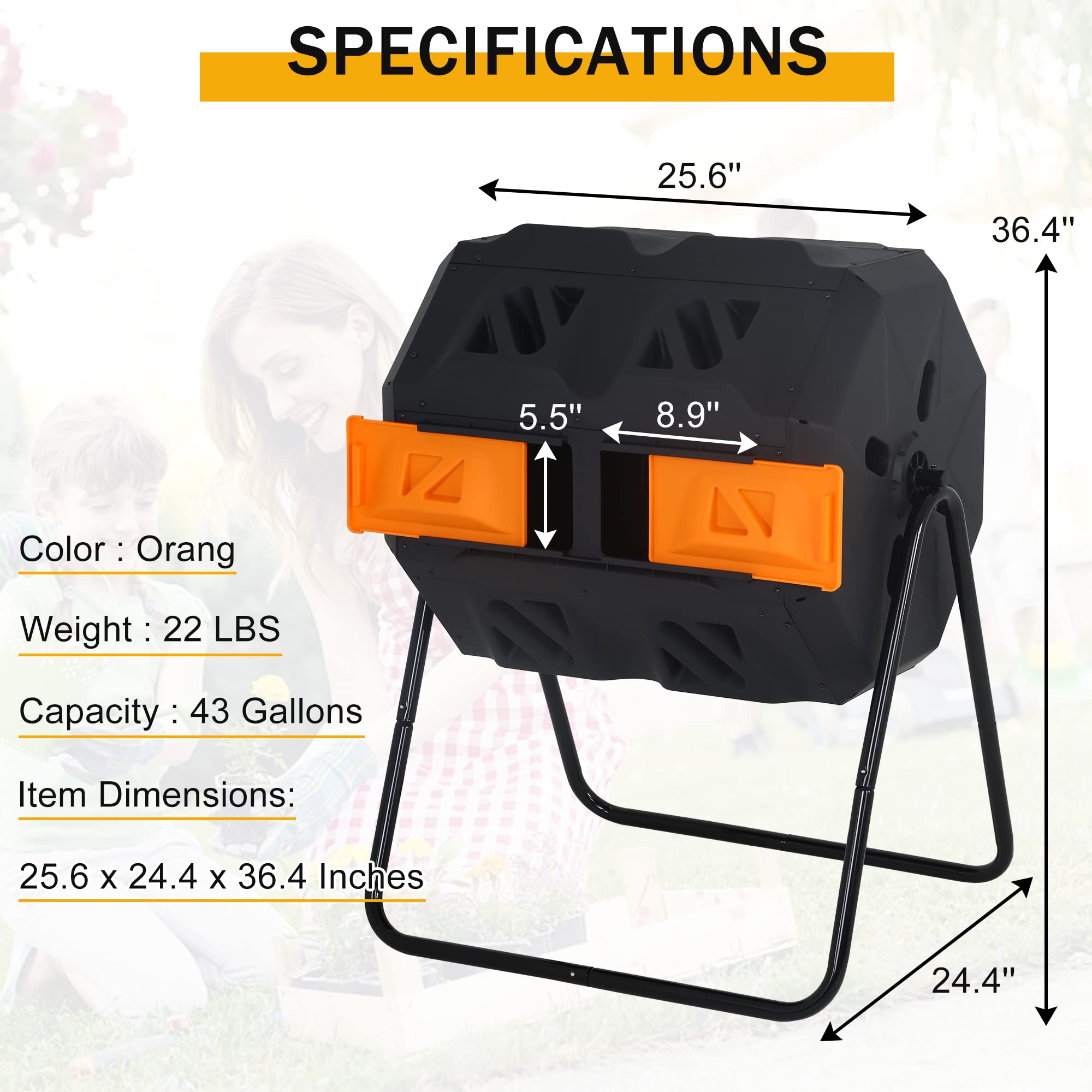 Outdoor Compost Tumbling Bin 43 Gallon Large Dual Chamber Sliding Doors Composter Steel Frame Garden Tumbling Rotating Composting Bins 360° Compost Tumbler Bucket Trash Can for Patio Yard (Black)