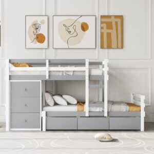 Low Loft Bed with Storage Drawers and Dresser, Wood Twin Over Twin Bunk Bed Frame for 2 Kids, Modern Junior Loft Beds with Storage and Platform Bed for Boys Girls Teens, Gray