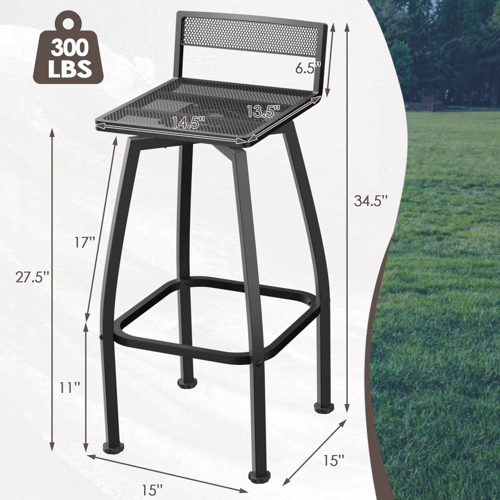 Mingyall 27" Height Low Back Swivel Bar Stools Set 2, Outdoor Patio Wrought Iron Chair, Outside Metal Bar Chair, Height Barstool for Bistro Lawn, Garden, Backyard, Indoor, Load 330LBS