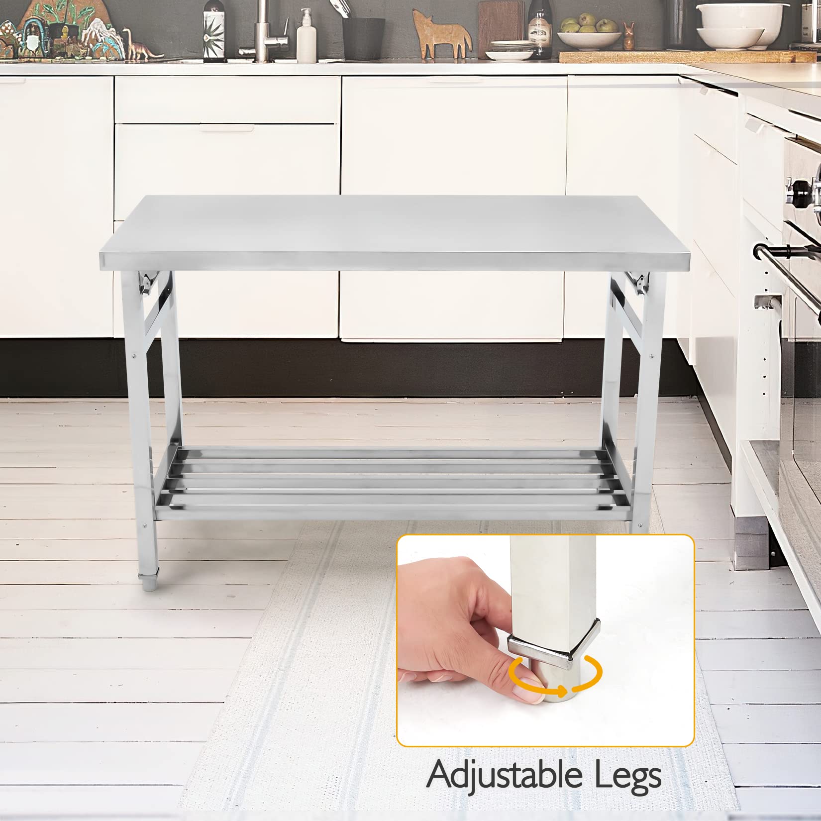 Stainless Steel Table 48 * 24 in, Portable Kitchen Island Stainless Steel Prep Table Work Bench with Foldable Table Legs, Work Table with Adjustable Undershelf for Kitchen Restaurant