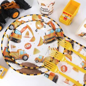 Lopeastar 127Pcs Construction Birthday Party Supplies Plates Set, Construction Party Decorations Excavator Plates Napkins Cups Forks Tablecloth and Happy Birthday Banner for 25 Guests