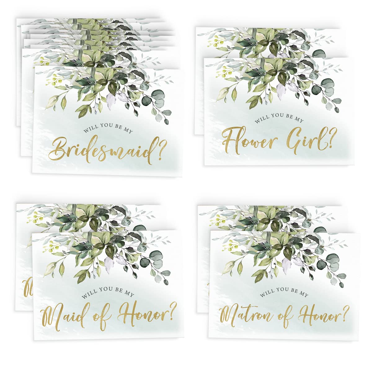 Printed Party Bridemaid Proposal Kit, 16 Cards and Envelopes, Greenery Eucalyptus, Includes Maid of Honor, Matron of Honor, and Flower Girl