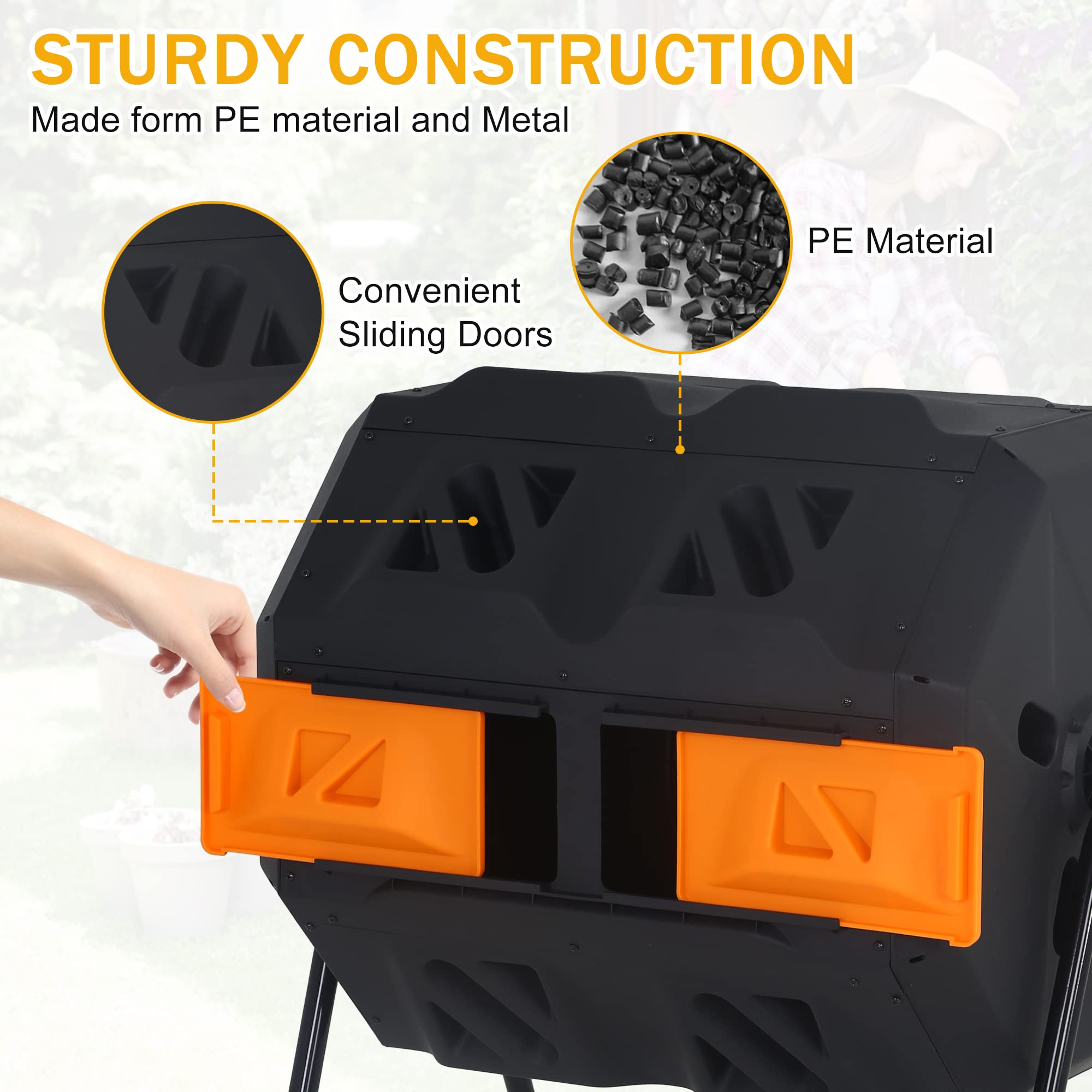 Outdoor Compost Tumbling Bin 43 Gallon Large Dual Chamber Sliding Doors Composter Steel Frame Garden Tumbling Rotating Composting Bins 360° Compost Tumbler Bucket Trash Can for Patio Yard (Black)