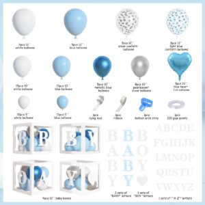 Amandir 137pcs Baby Blue Balloons Baby Shower Decorations for Boy with Baby Boxes, White Blue Balloon Arch Kit Baby Boxes with Letter (A-Z+Baby+Boy) for Boy 1st Birthday Gender Reveal Party Supplies