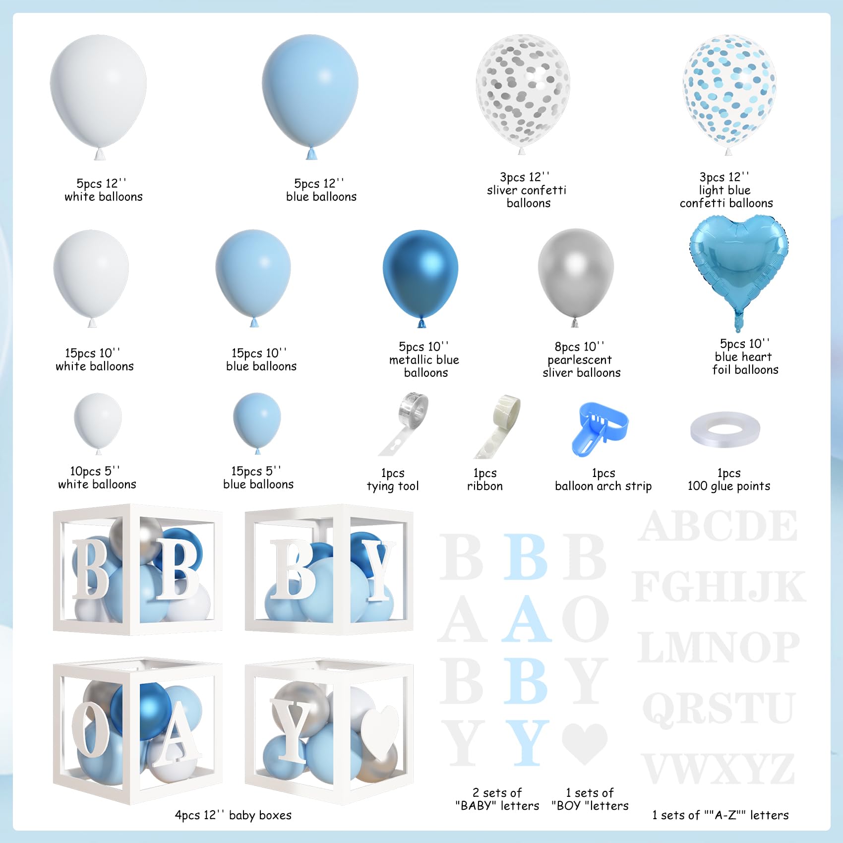 Amandir 137pcs Baby Blue Balloons Baby Shower Decorations for Boy with Baby Boxes, White Blue Balloon Arch Kit Baby Boxes with Letter (A-Z+Baby+Boy) for Boy 1st Birthday Gender Reveal Party Supplies