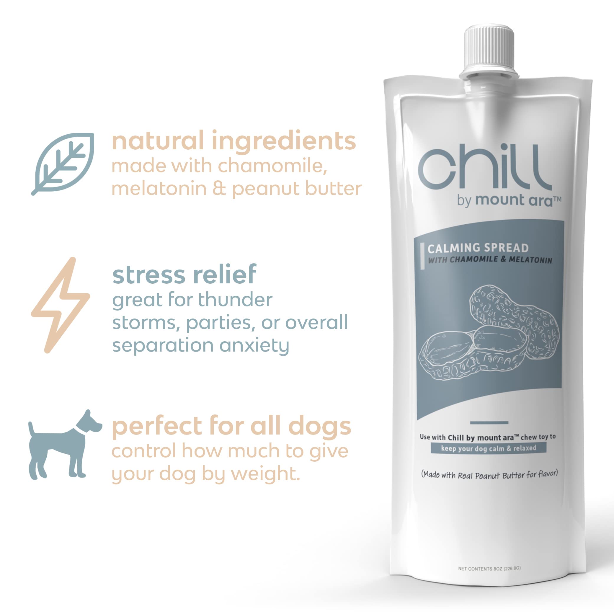 chill by mount ara Calming Peanut Butter for Dogs Pack of 3 - Dog Peanut Butter with Chamomile, MCT Oil, Oat-Bran & Melatonin for Dogs, 8 Ounces