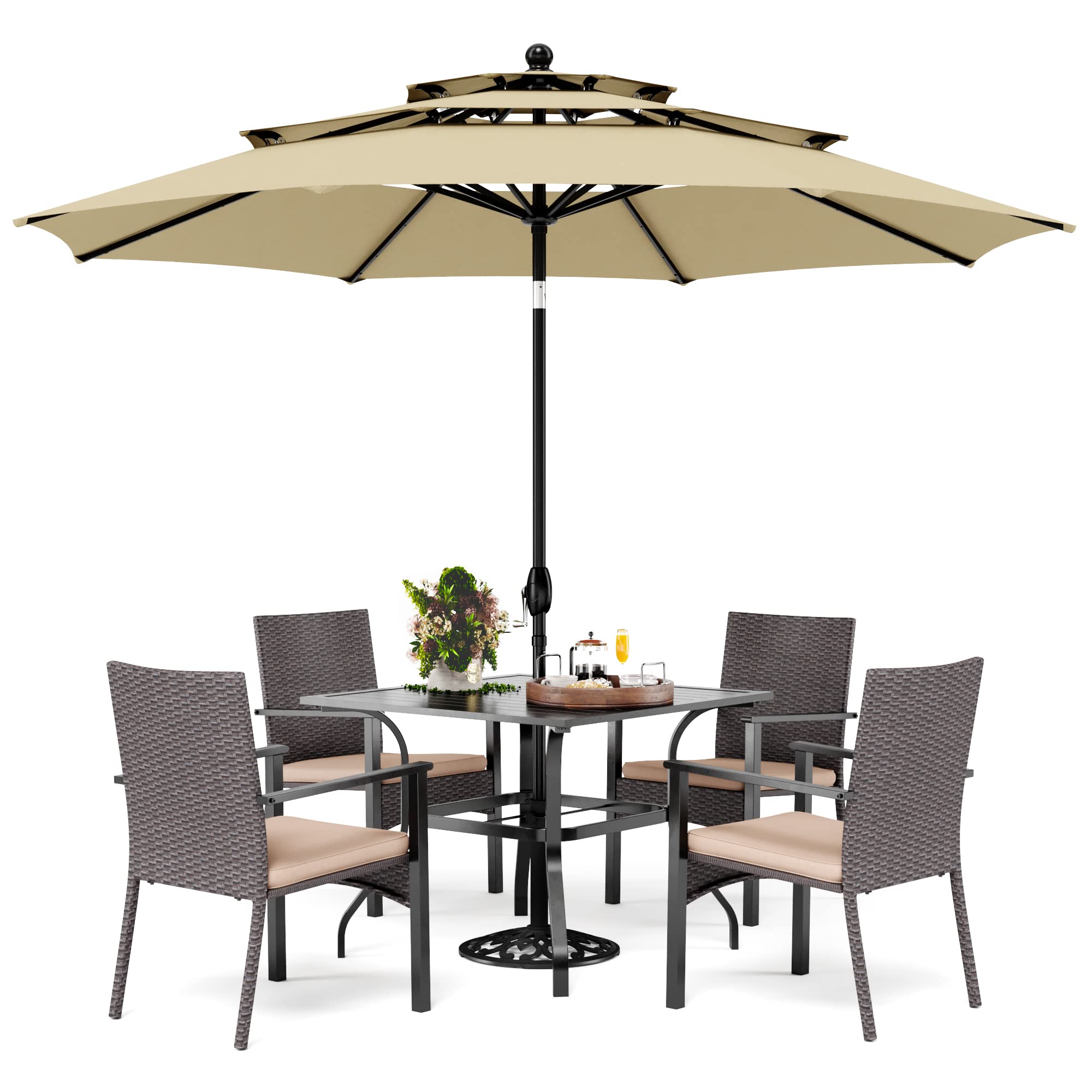 PHI VILLA 5 Pieces Outdoor Dining Set with Umbrella for 4, 37" Square Metal Dining Table & 4 Cushioned Wicker Rattan Chairs with 10ft Beige Umbrella for Patio, Deck, Yard, Porch