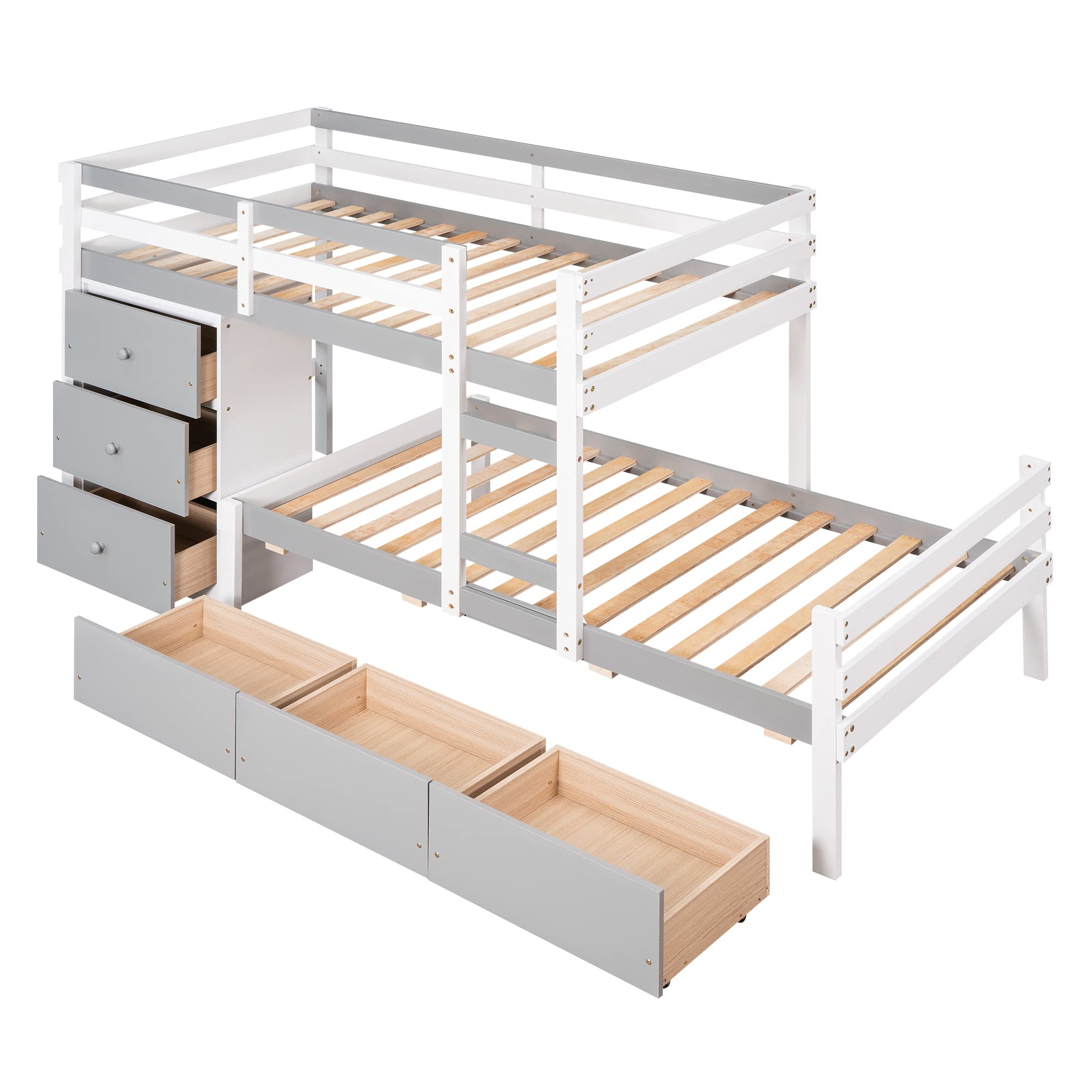 Low Loft Bed with Storage Drawers and Dresser, Wood Twin Over Twin Bunk Bed Frame for 2 Kids, Modern Junior Loft Beds with Storage and Platform Bed for Boys Girls Teens, Gray