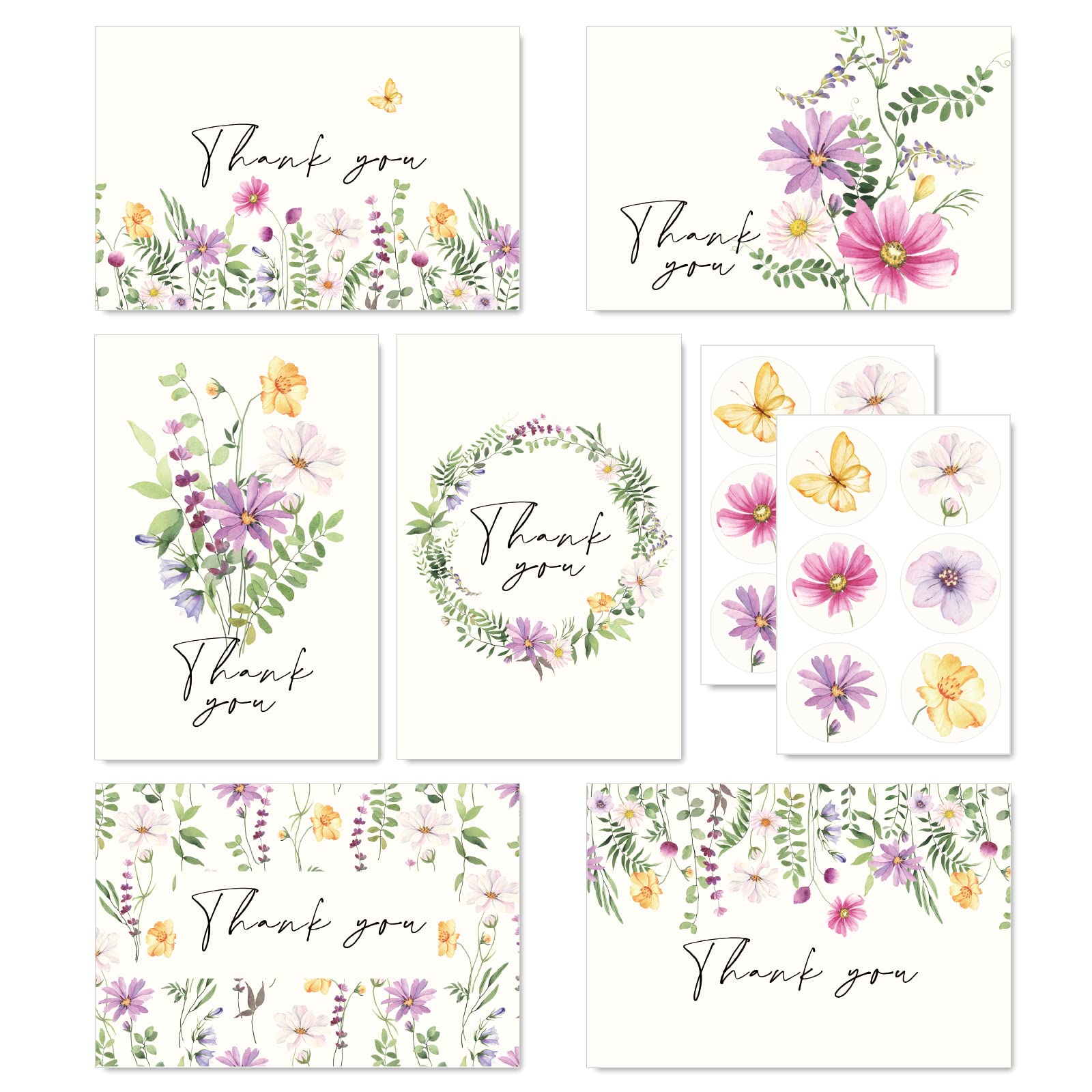 AnyDesign 36 Pack Floral Thank You Cards Watercolor Wildflower Greeting Cards with Envelopes Stickers Spring Midsummer Blank Note Cards for Birthday Wedding Baby Shower Bridal Shower, 4 x 6 Inch