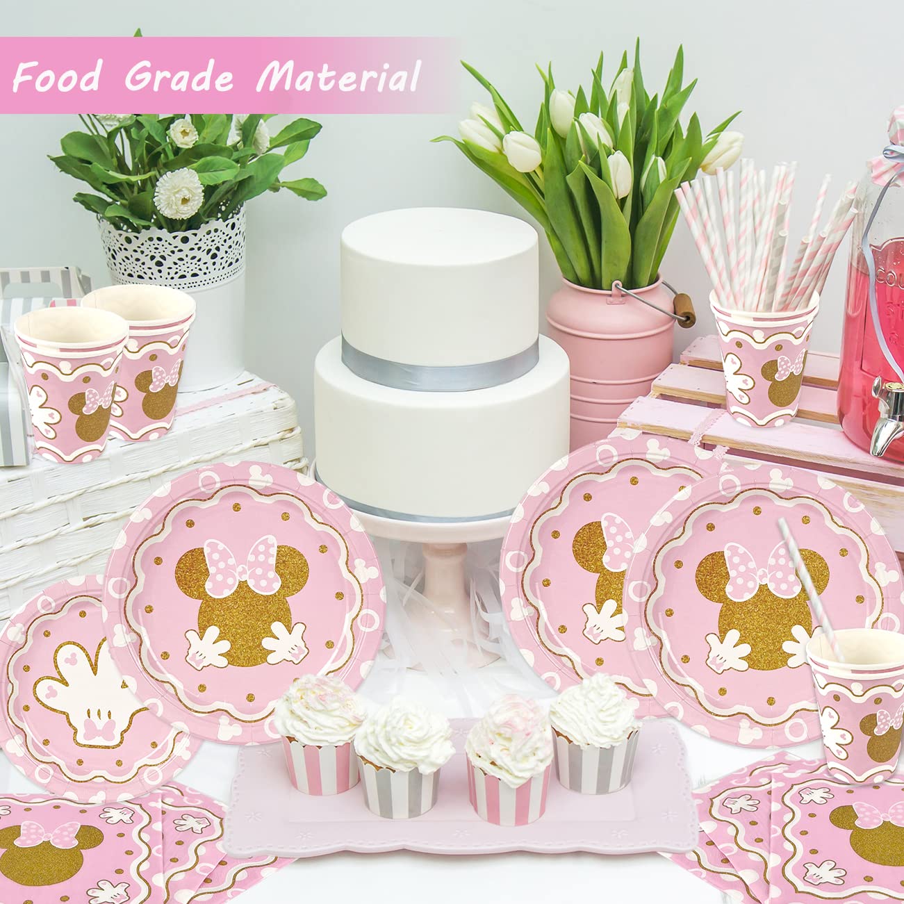 Haimimall Minnie Party Supplies Tableware Set Baby Shower Girl Minnie Theme Mouse Birthday Party Include Backdrop,Tablecloth,Plates,Napkins,Cups,Balloons Baby Shower Decorations Dinnerware Serve 20