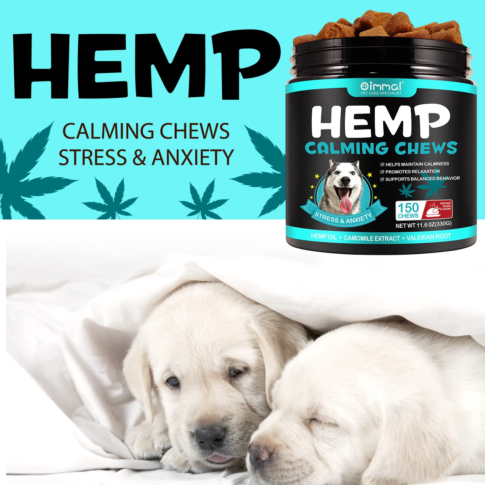 cgify Hemp Calming Chews for Dogs,150 Chews Hemp Dog Treats for Calming,Dog Anxiety Relief from Storms Barking Separation Thunder Travel,Golden Ratio Natural Ingredients,Peking Duck Flavor