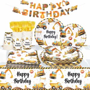 lopeastar 127pcs construction birthday party supplies plates set, construction party decorations excavator plates napkins cups forks tablecloth and happy birthday banner for 25 guests