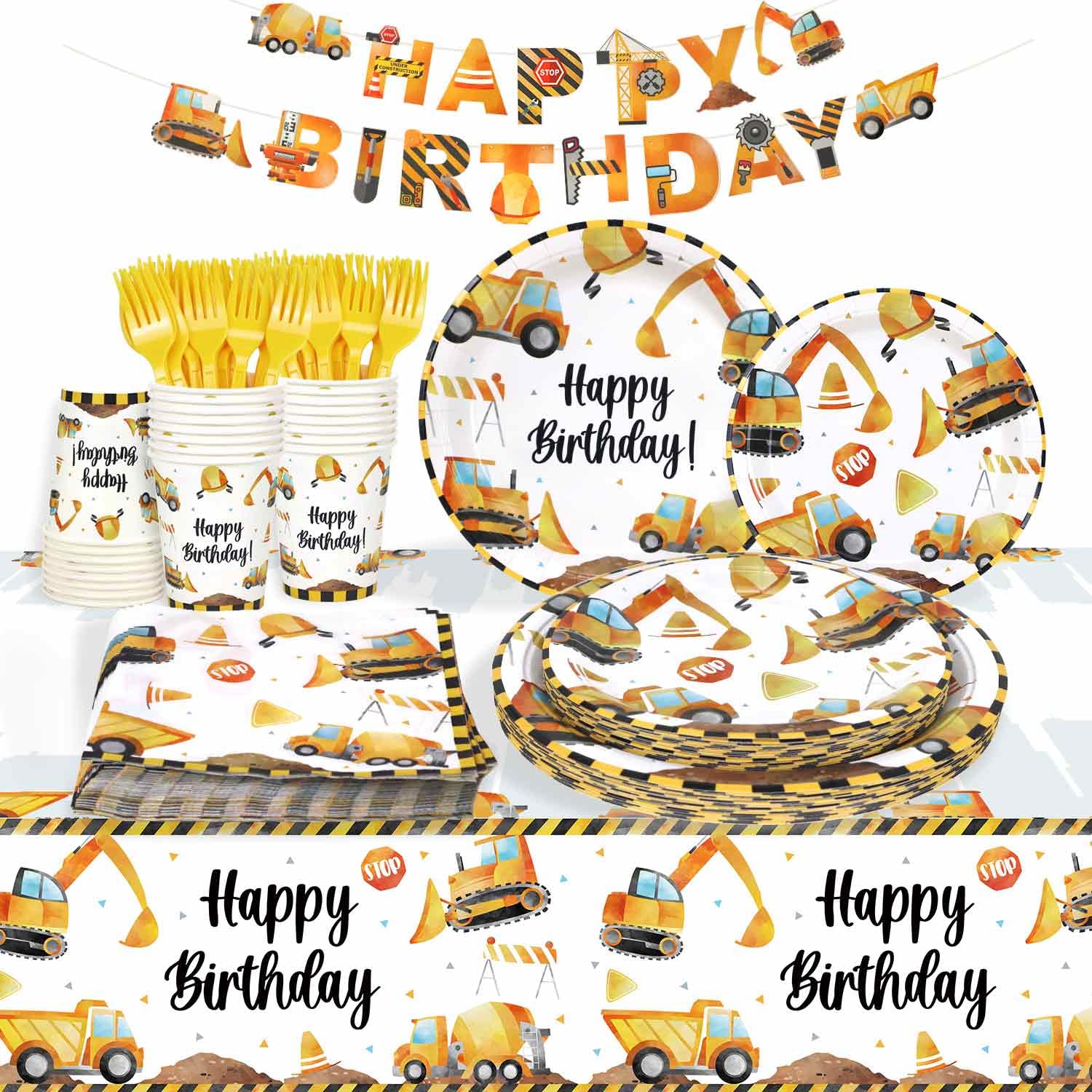 Lopeastar 127Pcs Construction Birthday Party Supplies Plates Set, Construction Party Decorations Excavator Plates Napkins Cups Forks Tablecloth and Happy Birthday Banner for 25 Guests