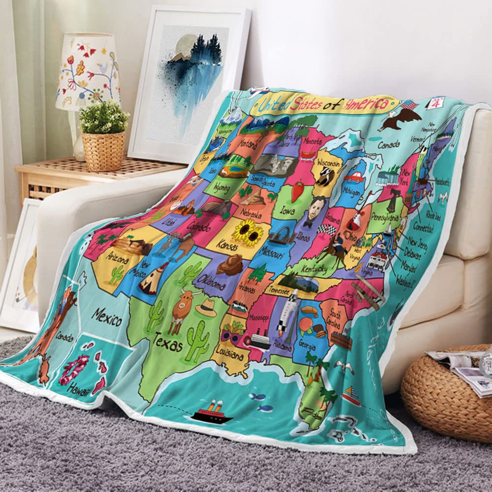 Kids Map of The United States Throw Blanket, Fun Facts Geography USA Map Camping Blankets and Throws for Bed, Animal Map Fleece Flannel Blanket for Sofa Couch Girls Boys Children Room Decor,50X60in