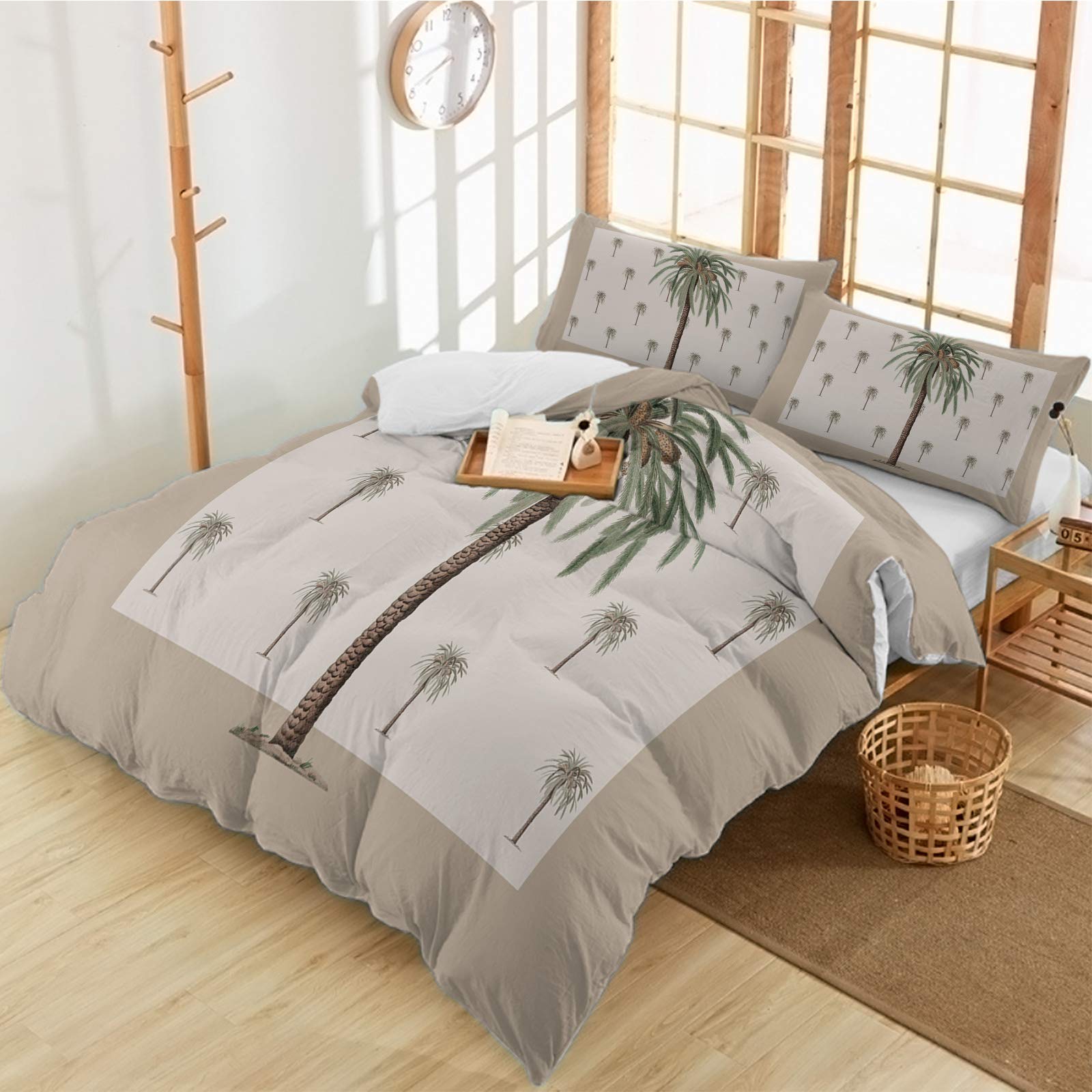 3 Pieces Duvet Cover Cal King Bedding Sets Coastal Beach Green Palm Trees Luxury Soft Comforter Cover with Pillowcases Summer Tropical Coconut Tree Microfiber Quilt Covers Set for Bedroom Decor