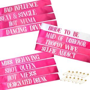 12 pcs bachelorette sashes set, bride to be team bride sash maid of honor bridesmaid sash for bridal shower and hen party decorations favors, hot pink