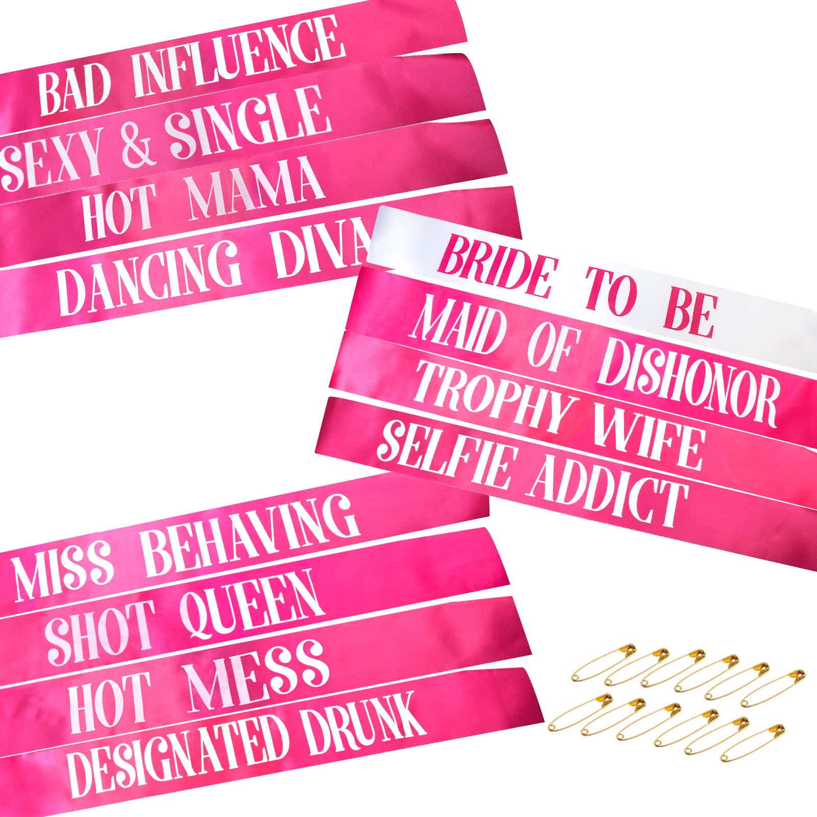 12 PCS Bachelorette Sashes Set, Bride to Be Team Bride Sash Maid of Honor Bridesmaid Sash for Bridal Shower and Hen Party Decorations Favors, Hot Pink