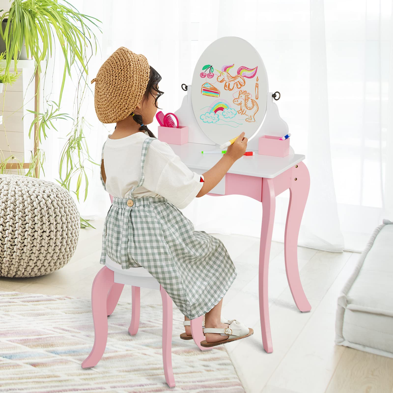 INFANS Kids Vanity with 360° Rotating Mirror and Drawing Board, 2 in 1 Princess Makeup Dressing Table and Stool with Accessories, Drawers, Wooden Play Vanity Set for Little Girls