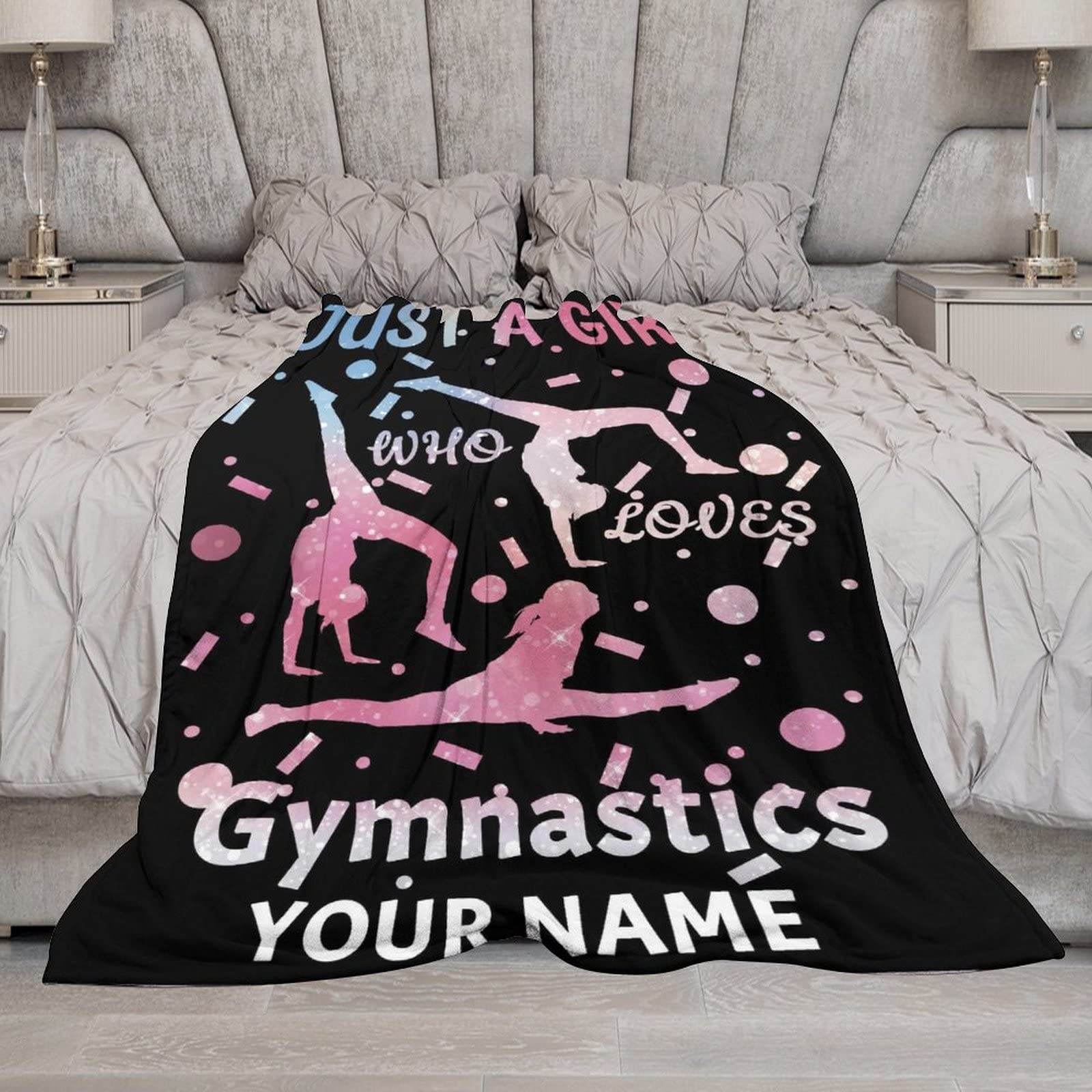 Personalized Gymnastics Blanket with Name - Soft, Fuzzy & Warm - 40"x50" Small Blanket for Couch, Sofa - Black Sports Throw Gifts for Girls