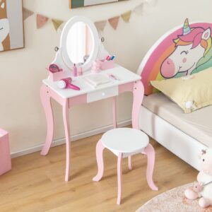 INFANS Kids Vanity with 360° Rotating Mirror and Drawing Board, 2 in 1 Princess Makeup Dressing Table and Stool with Accessories, Drawers, Wooden Play Vanity Set for Little Girls