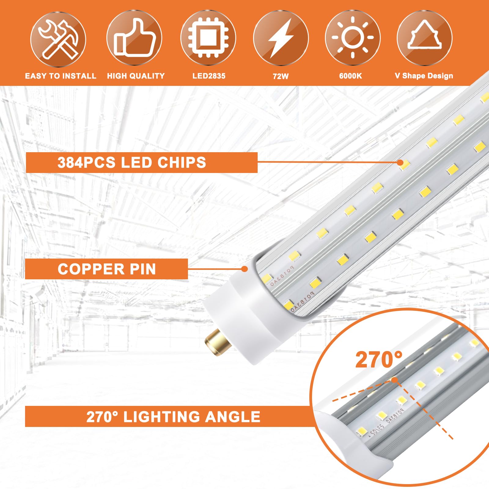 ONLYLUX 8ft LED Bulbs, 8 Foot LED Shop Light Bulb 72W 6000K 10000lm, Super Bright,T8 T10 T12 V Shape FA8 Lights, Clear Cover, F96T12 Bulbs to Replace Fluorescent Light Bulbs(Pack of 12)