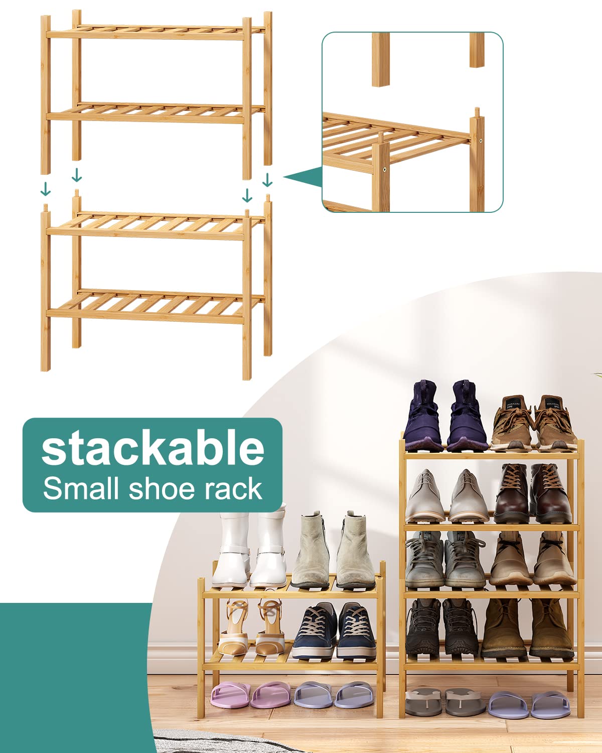 viewcare Small Shoe Rack, 4-Tier Shoe Rack for Entryway, Bamboo Wood Shoe Rack for Closet & Hallway, Long 17 in | Beautiful | Functional | Sturdy | Durable