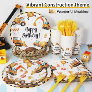 Lopeastar 127Pcs Construction Birthday Party Supplies Plates Set, Construction Party Decorations Excavator Plates Napkins Cups Forks Tablecloth and Happy Birthday Banner for 25 Guests