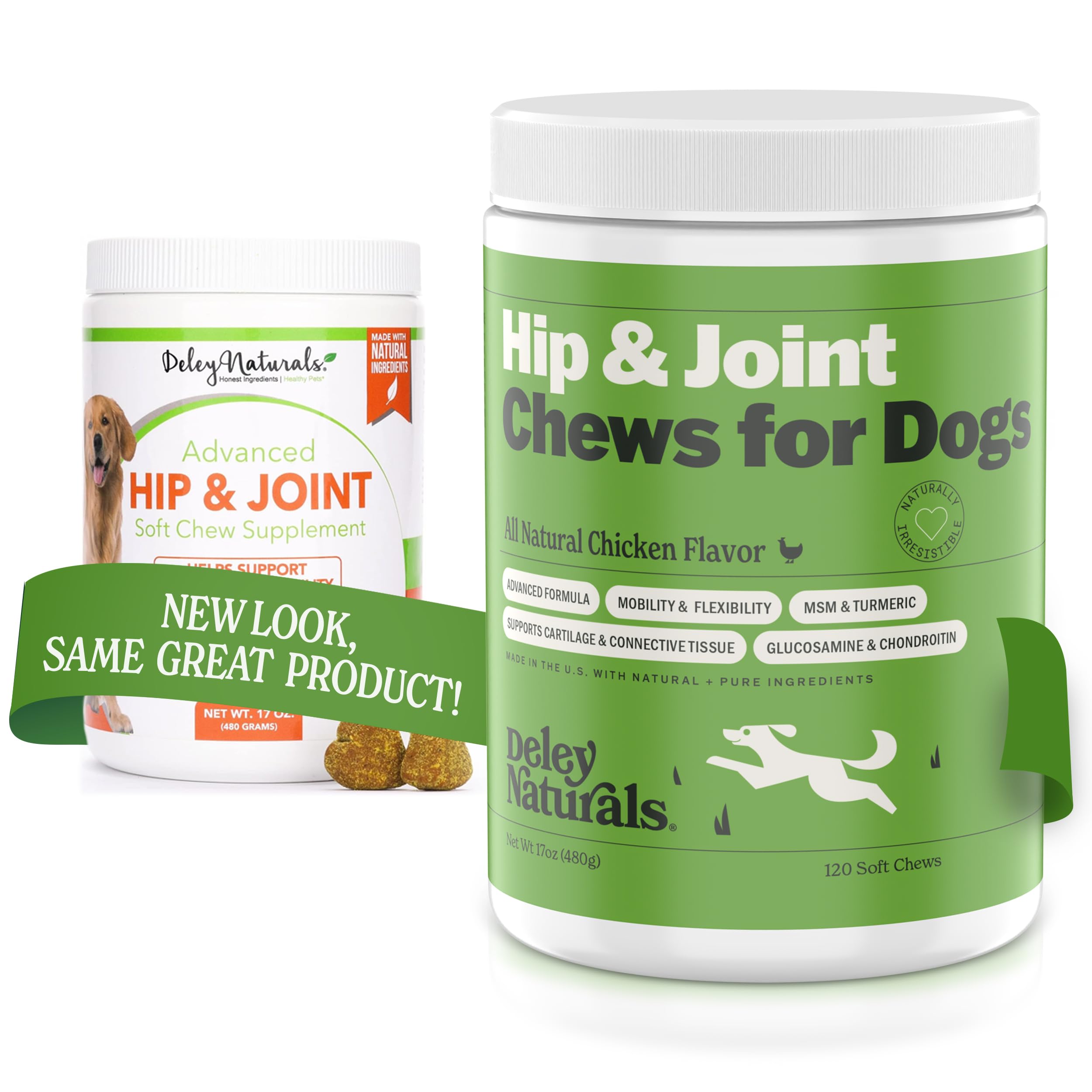 Deley Naturals Probiotics + Hip & Joint for Dogs, 2 x 120 Grain Free Chicken Soft Chews, Made in USA Dog Treats, Natural