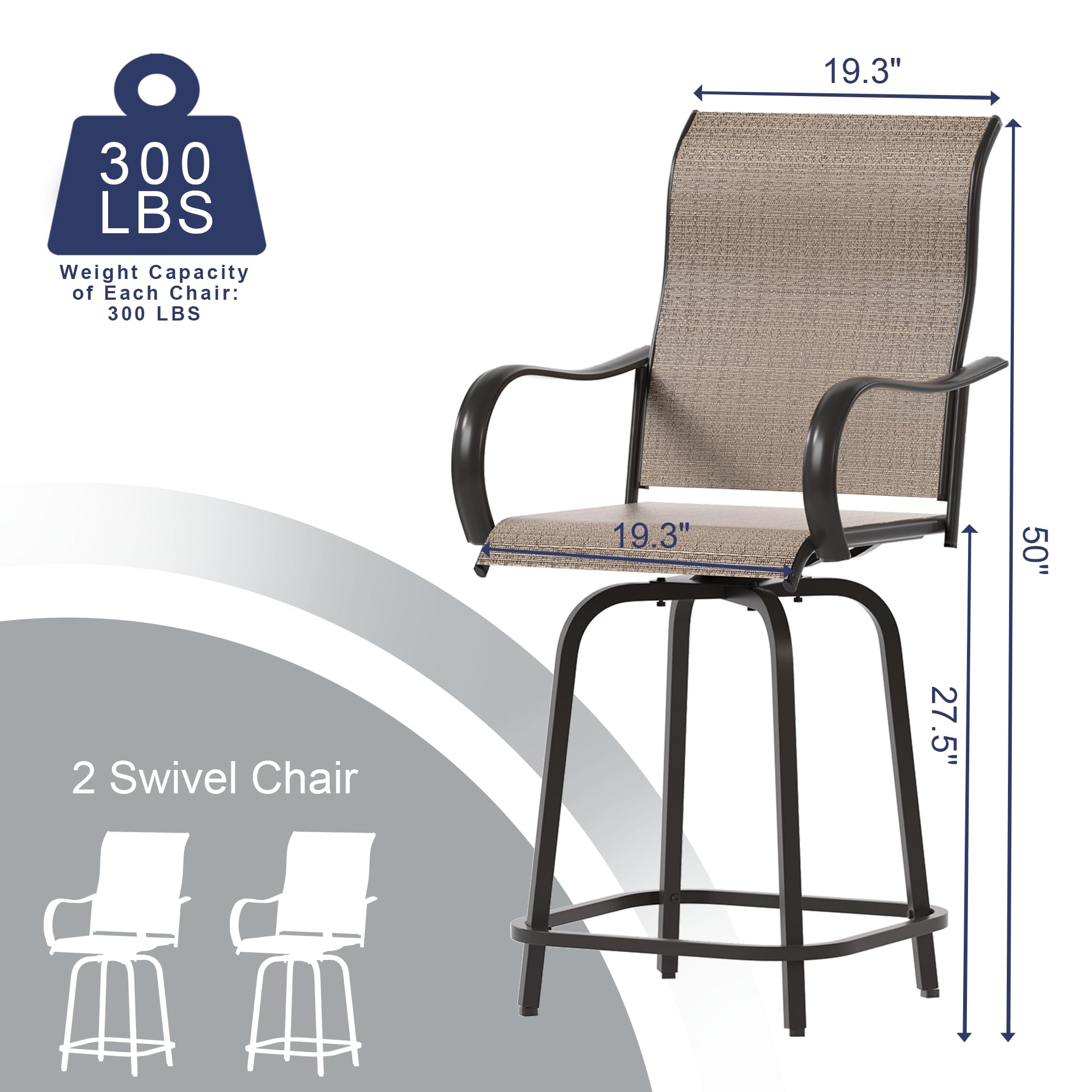 UDPATIO Patio Swivel Bar Stools Chair of 2, Outdoor Bar Height Set, All Weather High Back and Armrest Patio Stools & Bar Chairs for Backyard, Lawn Garden, Balcony and Pool, Brown