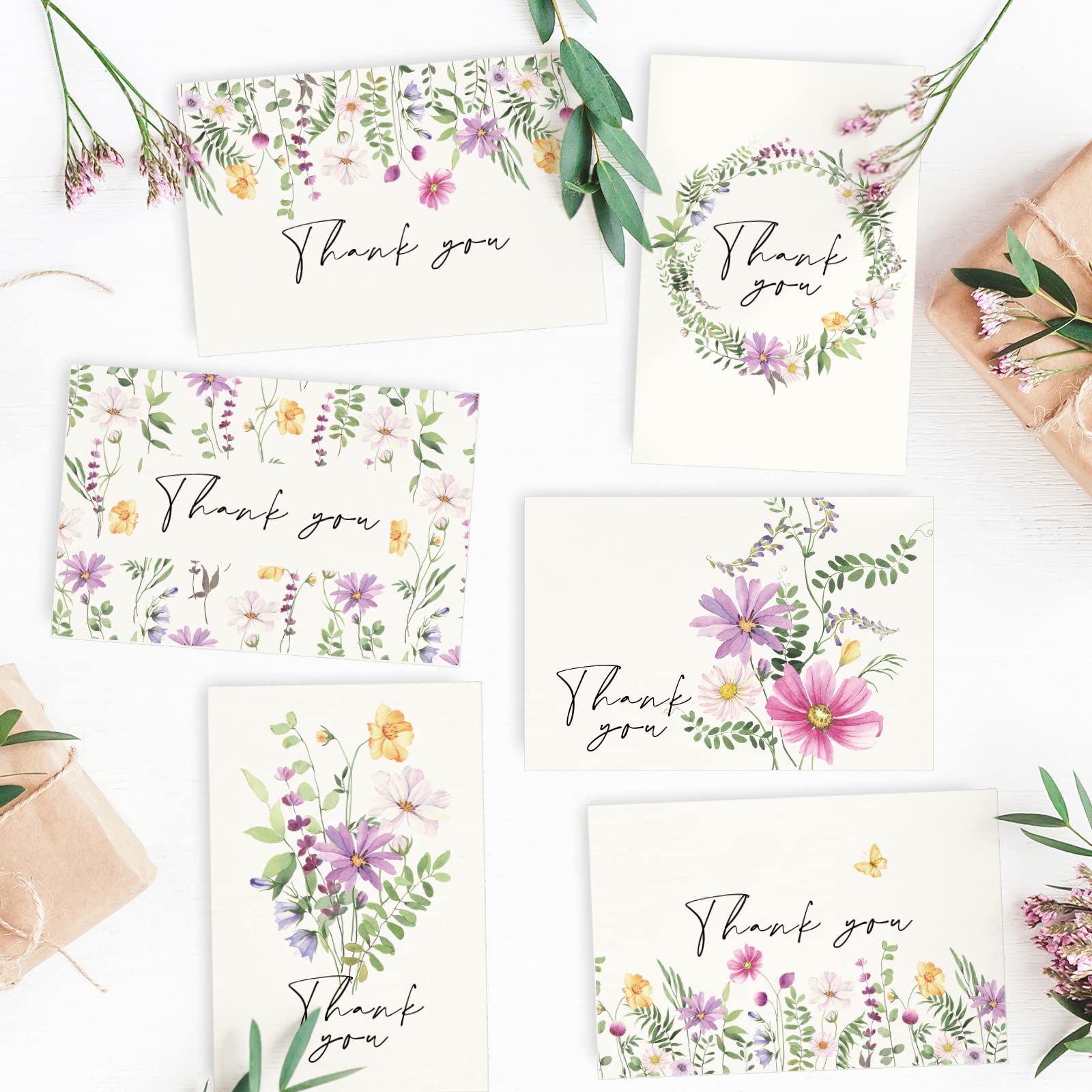 AnyDesign 36 Pack Floral Thank You Cards Watercolor Wildflower Greeting Cards with Envelopes Stickers Spring Midsummer Blank Note Cards for Birthday Wedding Baby Shower Bridal Shower, 4 x 6 Inch