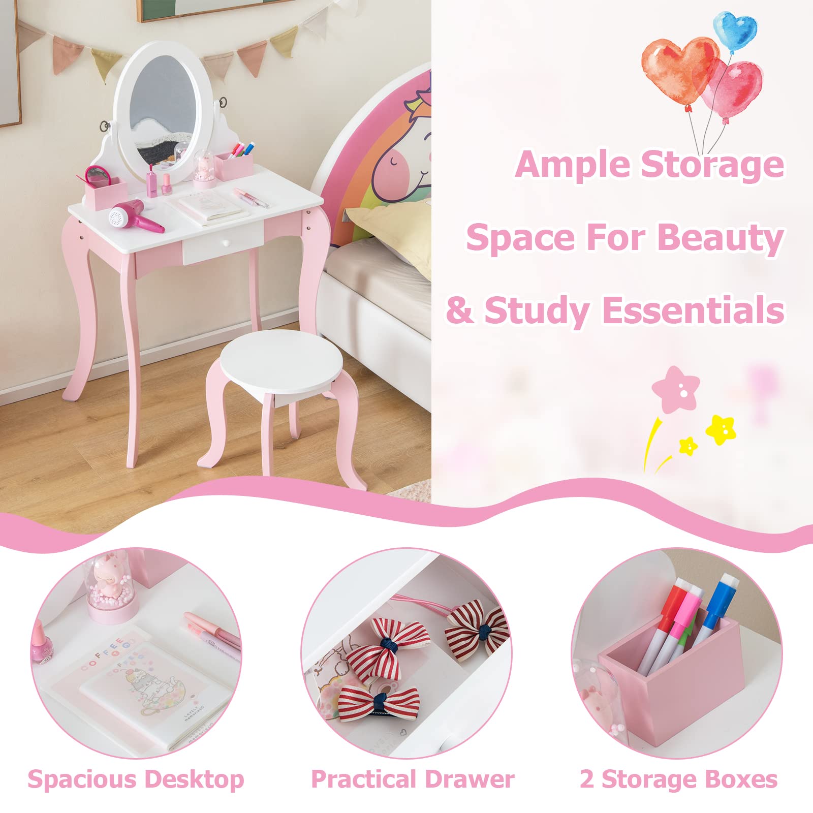 INFANS Kids Vanity with 360° Rotating Mirror and Drawing Board, 2 in 1 Princess Makeup Dressing Table and Stool with Accessories, Drawers, Wooden Play Vanity Set for Little Girls